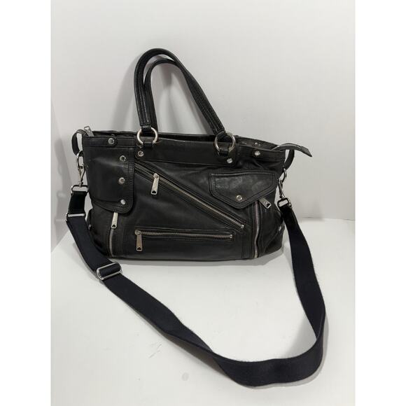 Lauren Ralph Lauren Black Soft Leather Shoulder Zip Pockets Biker Bag Purse RARE